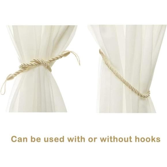 Curtain Rope Tiebacks, Drapery Rope Holdbacks with 4 Metal Screw Hooks (Beige) - Picture 5 of 7